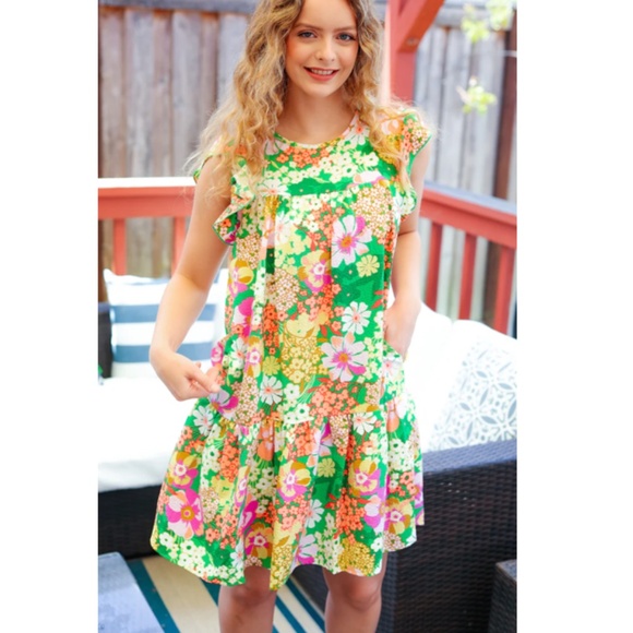 Floral Green Mini Dress - Picture 1 of 5